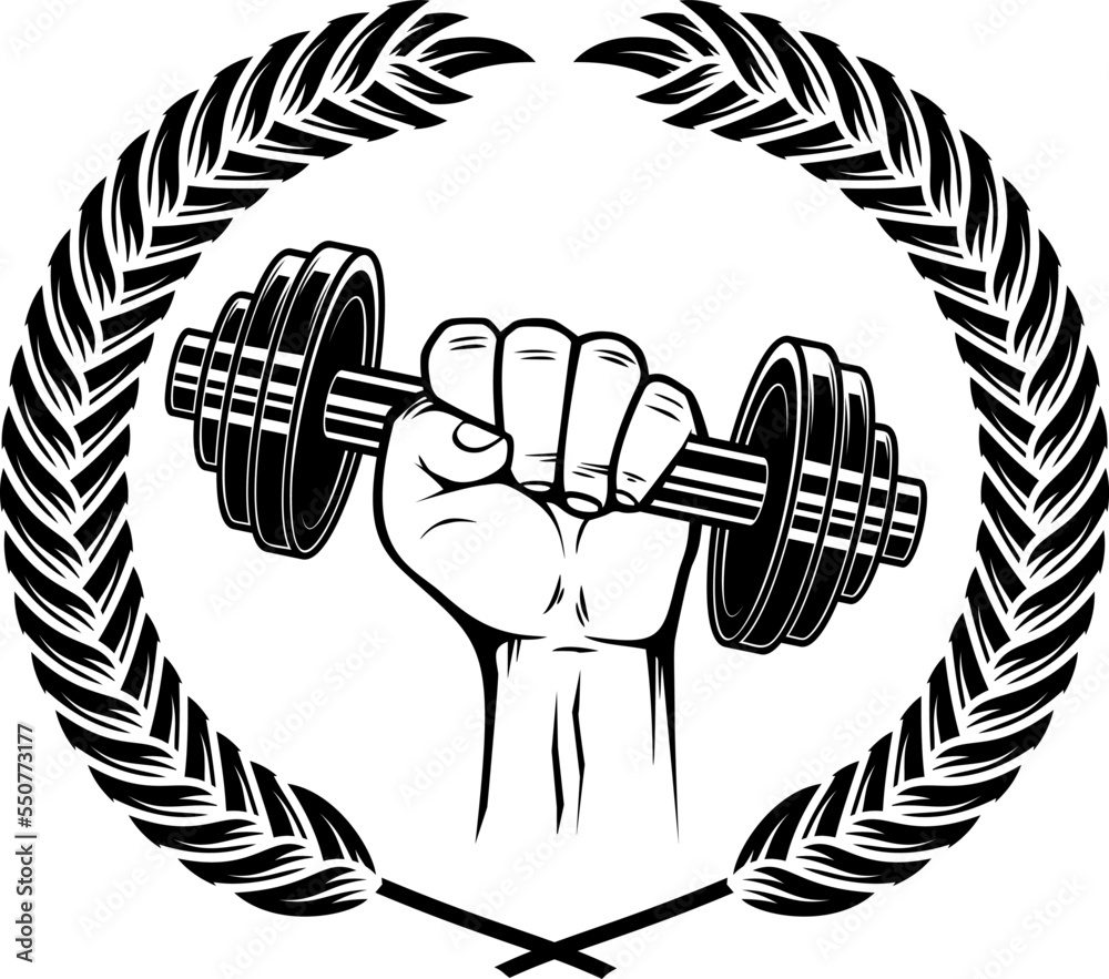 Hand with dumbbell and wreath. Emblem template. Design element for logo ...