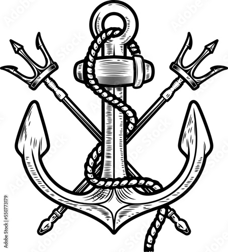 Illustration of sea anchor with crossed tridents. Design element for logo, sign, emblem. Vector illustration