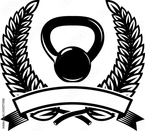 Emblem template with kettlebells and wreath. Design element for logo, sign, emblem. Vector illustration