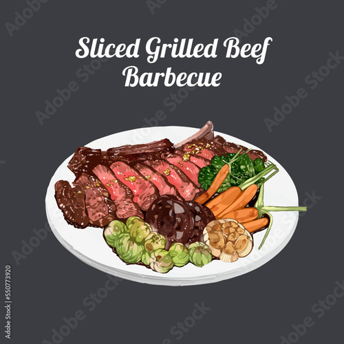 Sliced grilled beef barbecue steak and vegetables. Hand drawn watercolor vector illustration