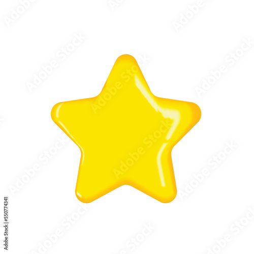 Yellow star. Asterisk sticker. Glossy golden flat star shape. Realistic 3d design element in plastic cartoon style. Icon highlighted on a white background. Vector illustration of a shining star.