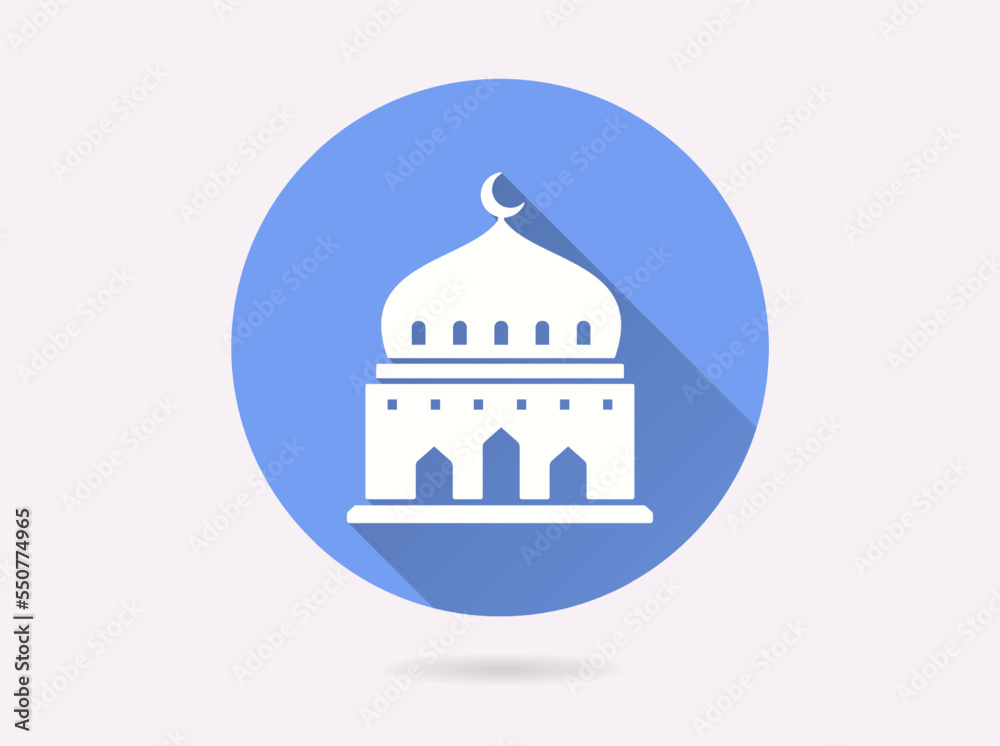 Arabian mosque building icon with long shadow for graphic and web design.