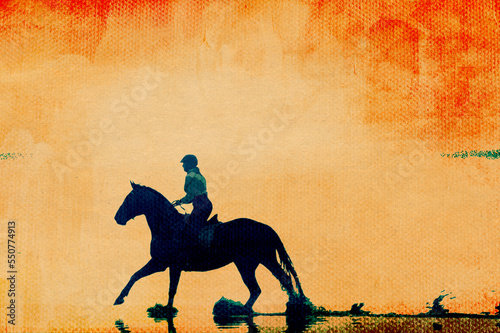 Kobieta amazonka w galopie na czarnym koniu na kontrastowym pomarańczowym tle. photo