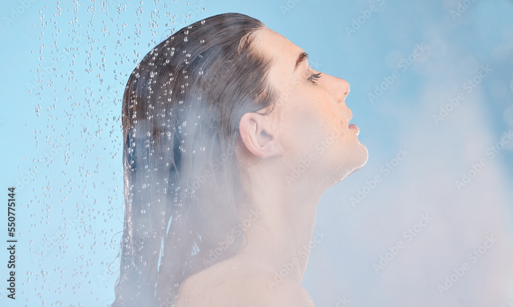 Wet shower, water and woman in bathroom doing body care, hygiene and cleaning. Water drops, care and person doing skincare, wellness and relax wash with liquid and spa steam for healthy skin