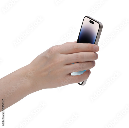 hand holding smartphone version 14 with transparent background photo