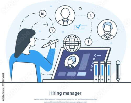 Hiring manager selecting resumes of job seekers, hiring new worker. Businesswoman choosing best candidate for job. Staff recruitment process, HR management thin line design