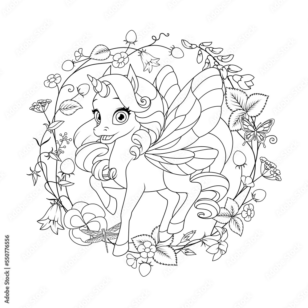 Fototapeta premium Cute flying unicorn with wings and summer flower wreath. Vector black and white illustration for coloring page.