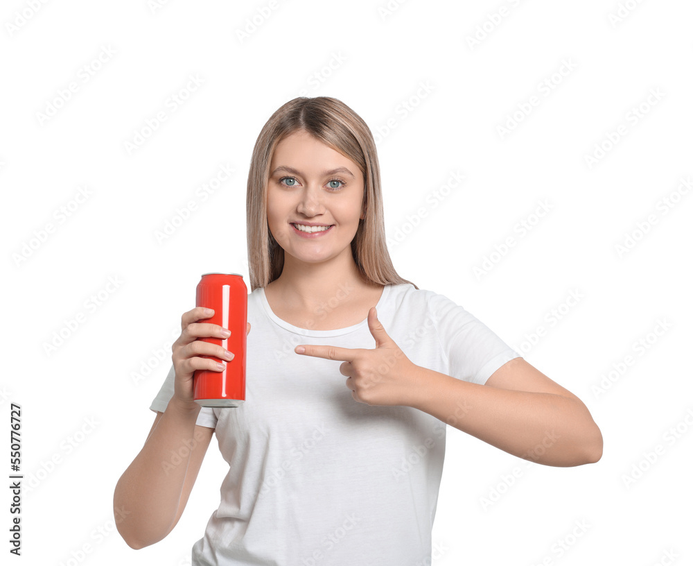 Beautiful happy woman holding red beverage can on white background Beautiful happy woman holding red beverage can on white background