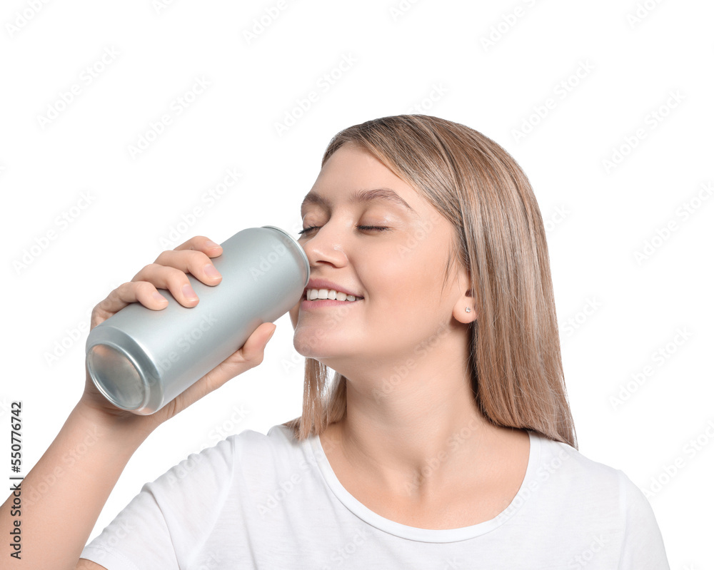 Beautiful woman drinking from beverage can on white background Beautiful woman drinking from beverage can on white background