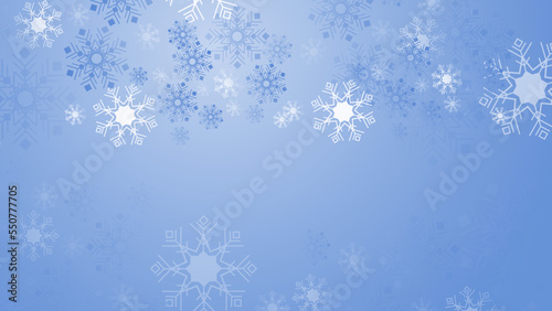 Beautiful blue christmas background with snowflake and copy space. Merry Christmas and Happy New Year 2023 greeting card. Horizontal new year banner, header, poster, card, website. Vector illustration © TitikBak