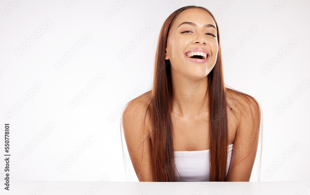 Hair, beauty and skincare woman in studio mockup for natural face, cosmetics and aesthetic with marketing, promotion and advertising space. Happy woman model with hair care results and glow portrait Hair, beauty and skincare woman in studio mockup for natural face, cosmetics and aesthetic with marketing, promotion and advertising space. Happy woman model with hair care results and glow portrait