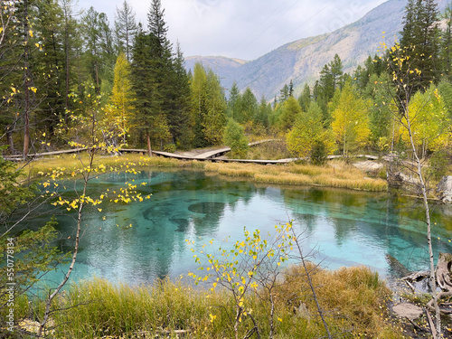 A geyser lake in the Altai in the fall with bright turquoise water in the shifting cloudy weather against the background of yellowing autumn trees. A beautiful mountain landscape.