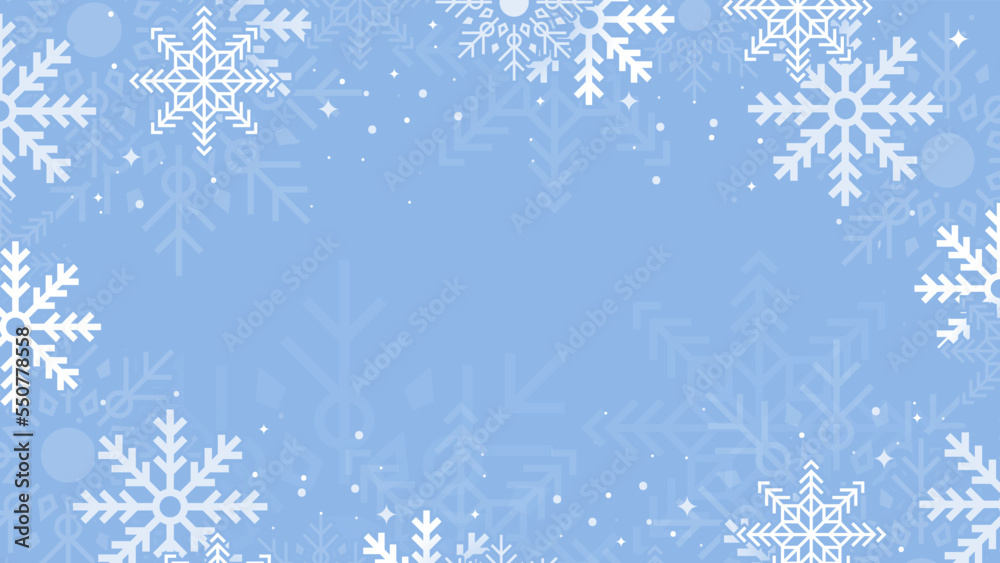 Blue snowflake border with Christmas design for greeting card. Vector illustration, merry xmas snow flake header or banner, wallpaper or backdrop decoration. New year 2023