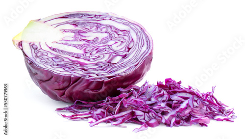 Cut fresh ripe red cabbage on white background