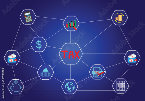 Concept of taxes paid by individuals and corporations such as VAT, income tax and property tax Data analysis, paperwork,Financial research. Background for your business. Vector