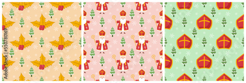 Set of Saint Nicholas Day or Sinterklaas Seamless Pattern with Gift Box and Christmas Template Background Hand Drawn Cartoon Flat Illustration