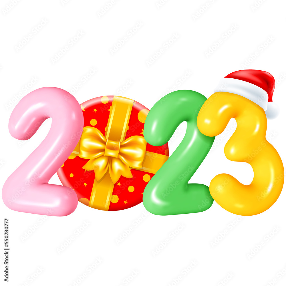 New Year 2023 glossy numbers and gift box 3d illustration on transparent background