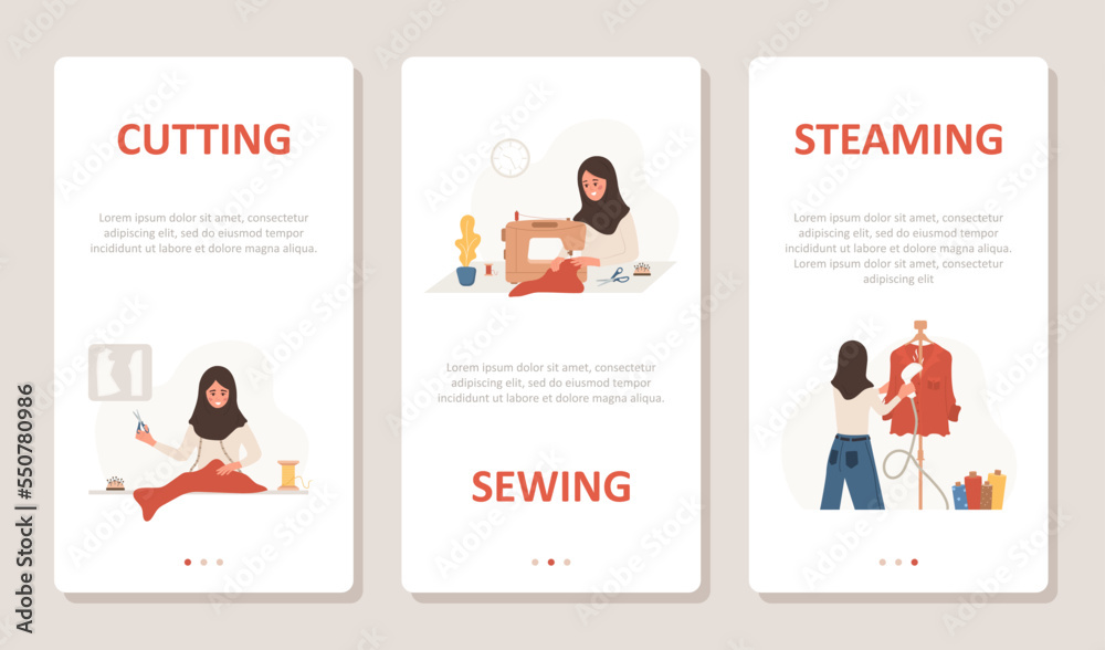 Sewing concept. Arabic woman seamstress sews, cuts and streams clothes. Set of vertical banners for social media. Fashion designer or dressmaker. Vector illustration in flat cartoon style.