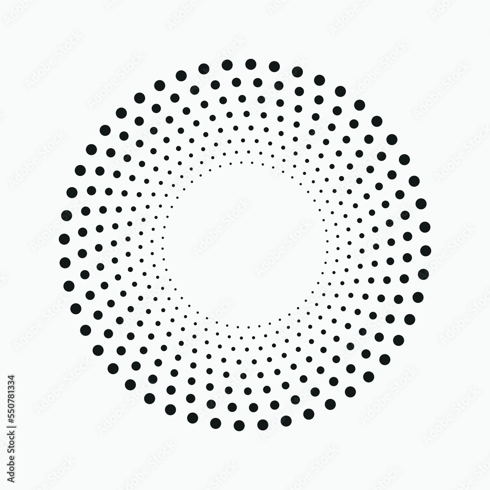 Circle halftone spiral backdrop. Dotted abstract concentric circle. spiral, swirl, twirl element. Circular and radial dots helix. Design element for multipurpose use.	