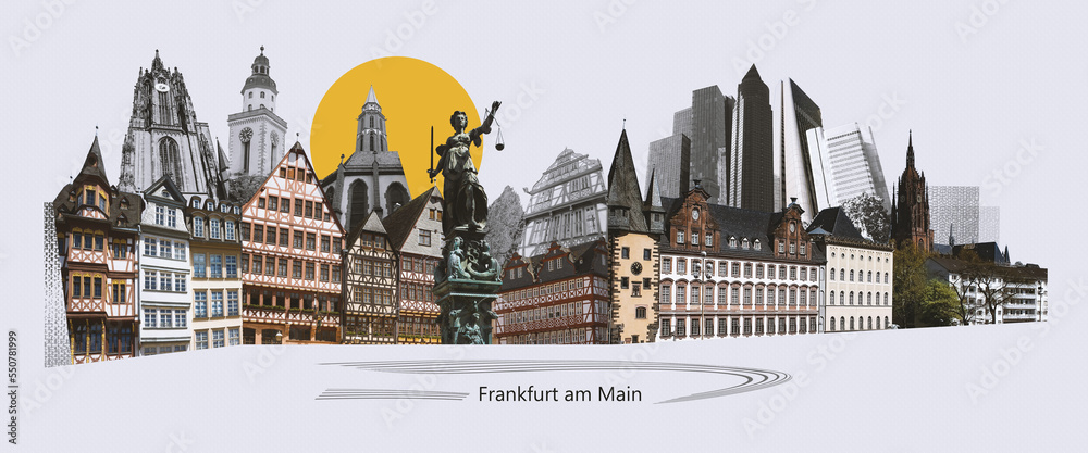 Landmarks collage of the city of Frankfurt am Main, Germany - contemporary creative retro art collage or design - travel concept