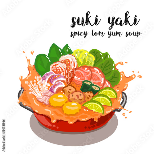 Suki yaki spicy Tom Yum soup cartoon vector isolated on white background.