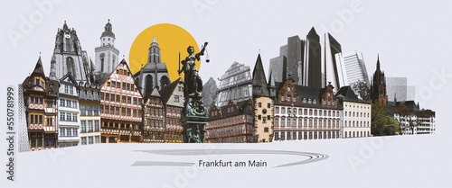 Landmarks collage of the city of Frankfurt am Main, Germany - contemporary creative retro art collage or design - travel concept photo
