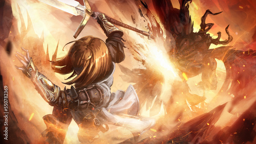 The paladin girl makes an inhumanly sharp and distant jerk, cutting a huge giant demon in half. She is a warrior of light with a holy sword in a dynamic action pose on the battlefield. 2d anime art photo