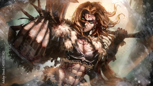 Foto A harsh and brutal barbarian woman challenges a new opponent to a duel with a palm gesture, she is a muscular warrior in bear skins with red hair, bloody tattoos and scars all over her body