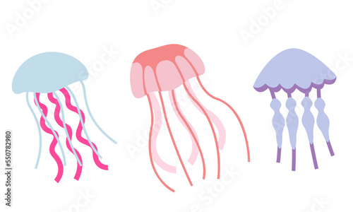 Set of jellyfish in flat style. Beautiful underwater inhabitants.