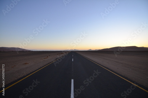Lonely Road in dry pan of Sossusvlei Namib Naukluft National Park