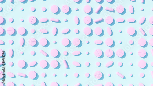 Pink Flat Lay Pills Tablets Large Pattern on a Blue Background Healthcare Medication Medicine Pale Colour 3d illustration render	
