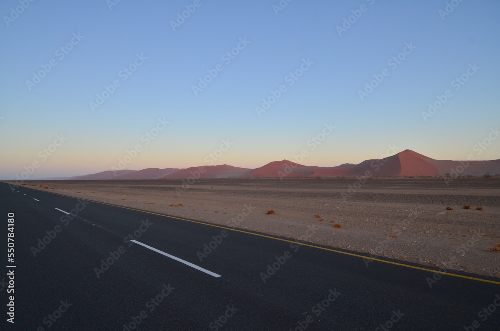 Lonely Road in dry pan of Sossusvlei Namib Naukluft National Park
