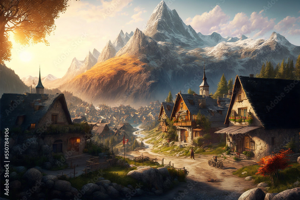 Naklejka premium Concept art illustration of fantasy village in the mountains