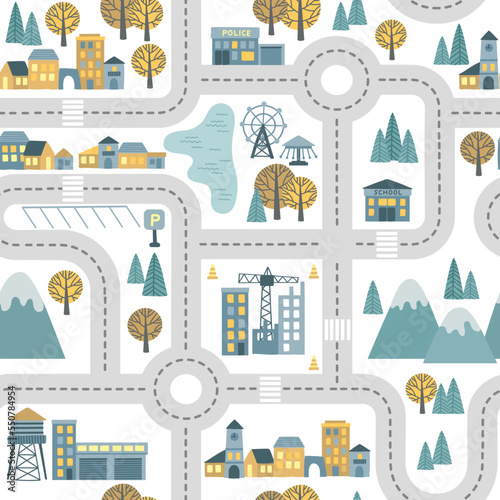 Childrens map road seamless pattern. Vector cartoon illustration of children's mat for road play. City adventure map with mountains, wood, lake, building, cars and construction