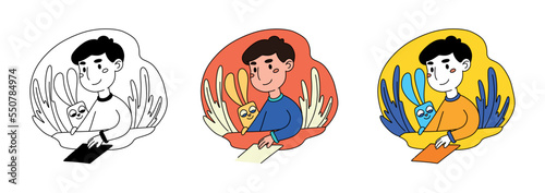 The boy draws on paper. The guy is engaged in creativity, spends time usefully, pleasant and useful, inspiratio. Vector illustration in flat style of the people in the circle on a white background