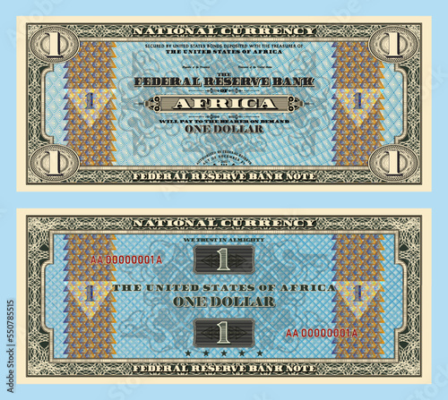 Vector fictional African money with a face value of one dollar. Obverse and reverse of the banknote with a guilloche frame and a geometric pattern. The United States of Africa