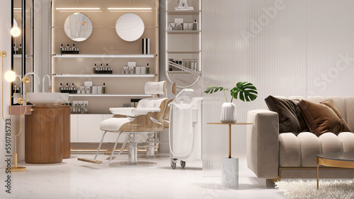 Modern and elegant interior design of professional beauty salon and spa with luxury styling chair  facial and hair treatment machine  cosmetic products shelf and reeded glass partition with sofa