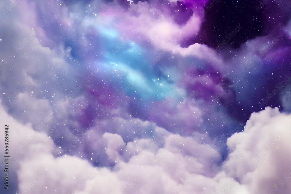 Abstract Fluffy Sky With Clouds, Purple, Cyan, Black, AI-Generated