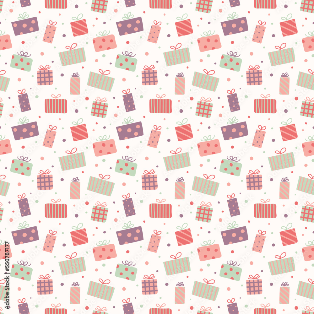 Concept of a seamless pattern with Christmas gift boxes. Xmas background. Banner. Vector