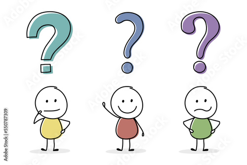 Funny stickman with question mark symbol. Icon set. Vector