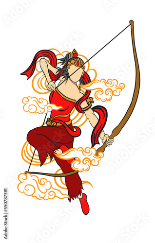 a female archer in a red dress flying with white clouds accented for design t-shirts or poster costumes