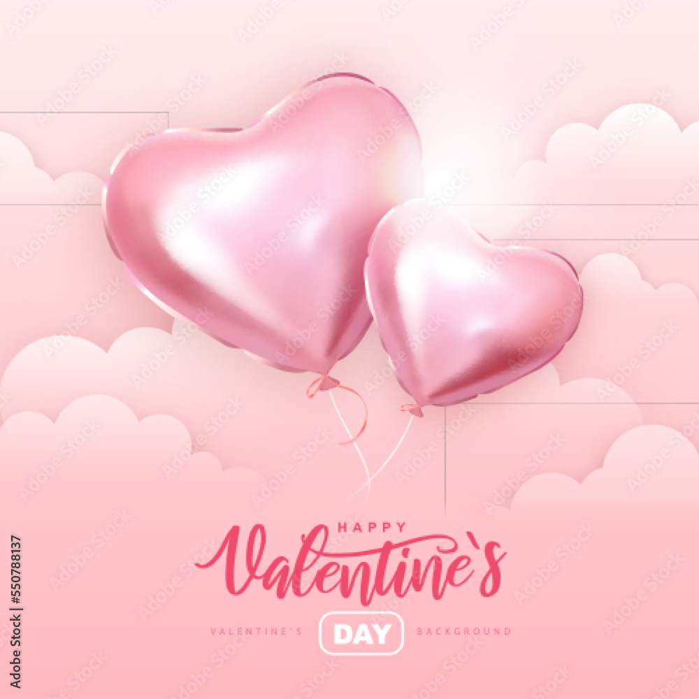 Happy Valentines Day  typography poster with pink heart shaped balloons in the romantic sky. Vector illustration