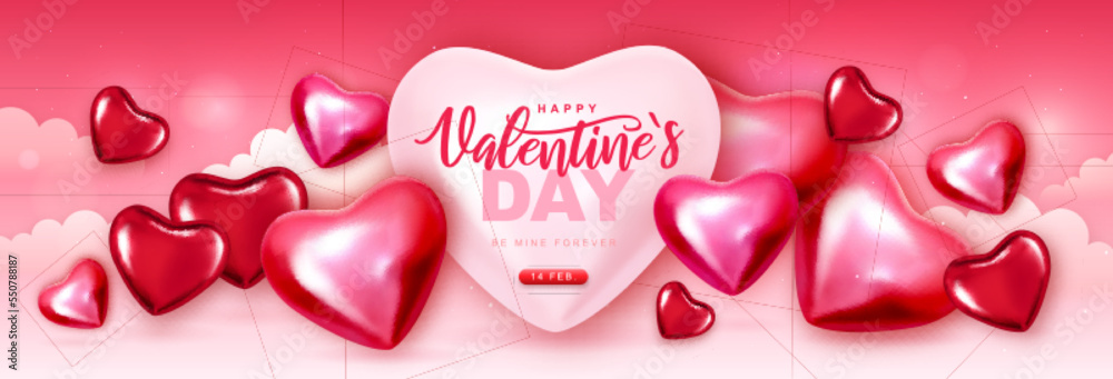 Happy Valentines Day poster with pink and red hearts in the romantic sky. Vector illustration