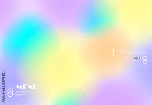 Colored background with purple blue and yellow gradient and Menu text. Wallpaper template, mixture of pastel colors, colorful abstract pattern, geometric, luxury background, smooth rounded shapes