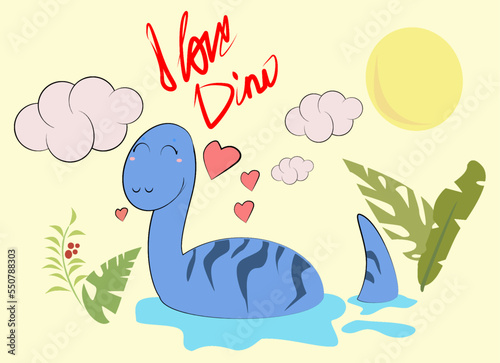 cartoon dinosaur standing in water and inscription I love dinosaurs