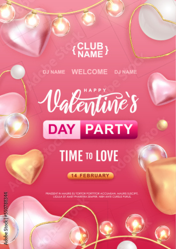 Happy Valentines Day party poster with 3D pink love hearts. Vector illustration