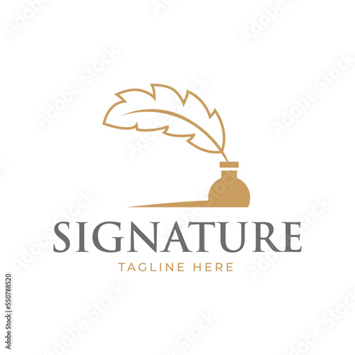 Feather signature logo design. Minimalist feather ink logo template.