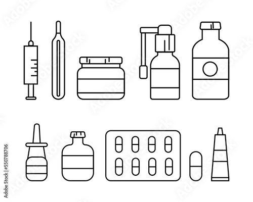 Medicines line icon. Syringe, injection, dropper, blister, plate, spray, inhaler, nasal drops, runny nose, cold, pill, tablet, jar, ointment. Healthcare concept. Vector line icon