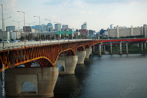 Landscape of Han River and Seongsu Bridge in South Korea at sunset photo