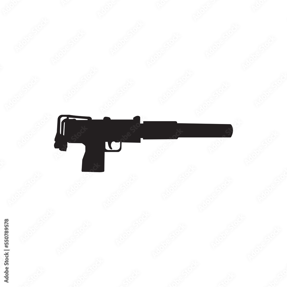 Mac10 gun icon, weapon silhouette isolated on white background